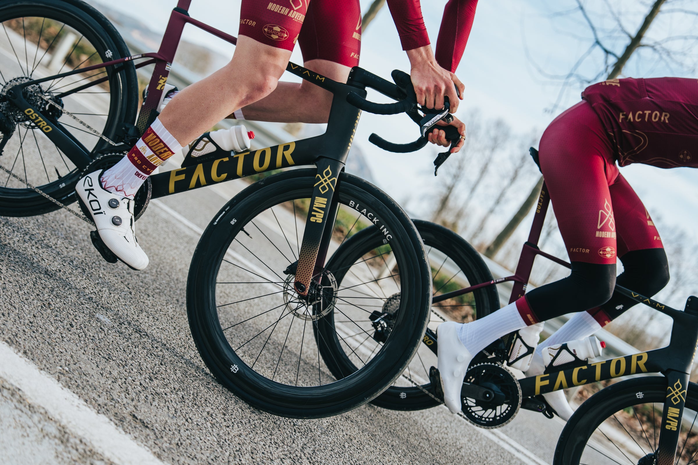 Modern Adventure Pro Cycling riders wearing DeFeet cycling socks