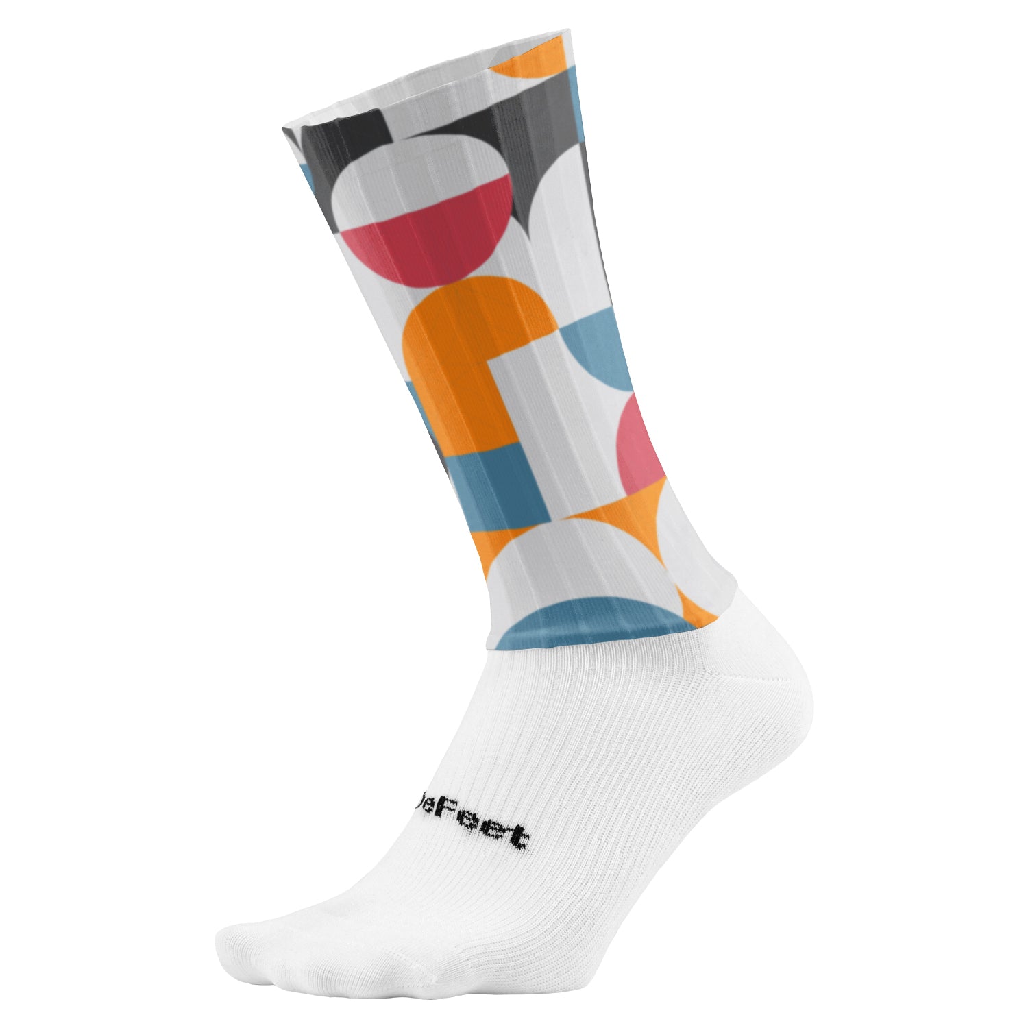 Colorful DeFeet custom printed sock with geometric pattern on a white background