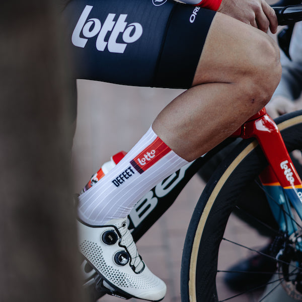 DeFeet Evo Jet Aero cycling sock worn by Lotto cycling team member