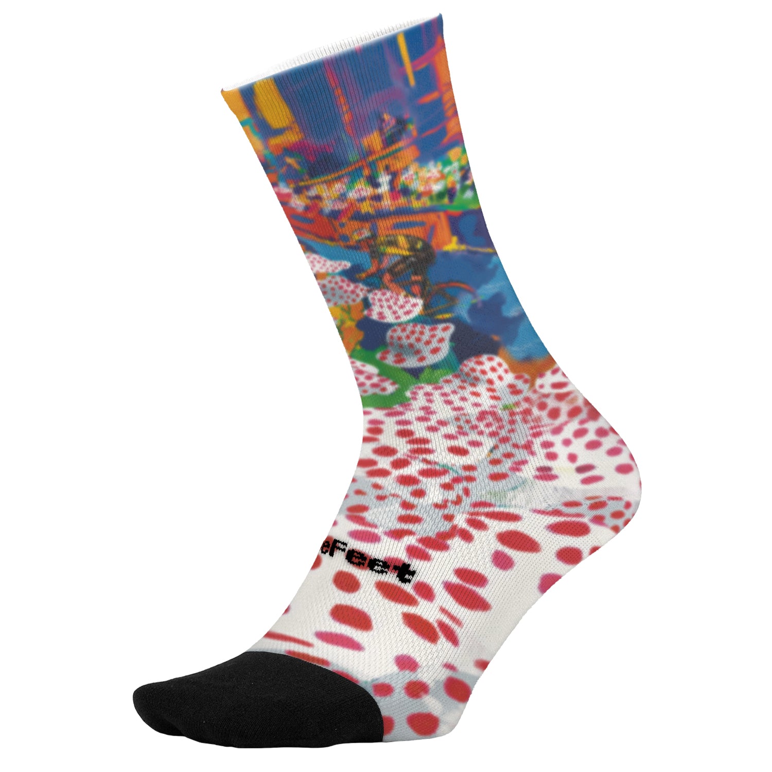 Colorful DeFeet printed sock with Montmarte abstract design on a white background