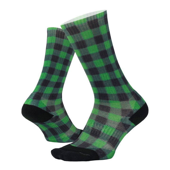 DeFeet All Day crew socks in green and black checkered plaid