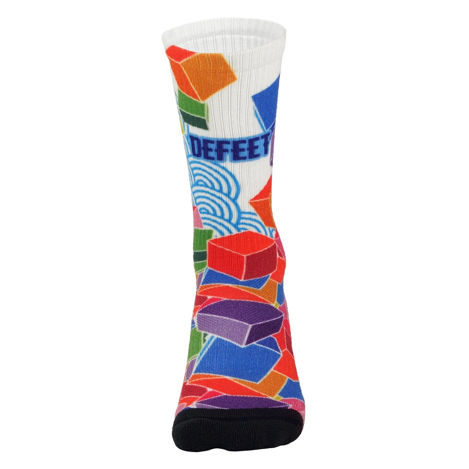 Colorful sock with geometric patterns and 'Defeet' branding on a white background