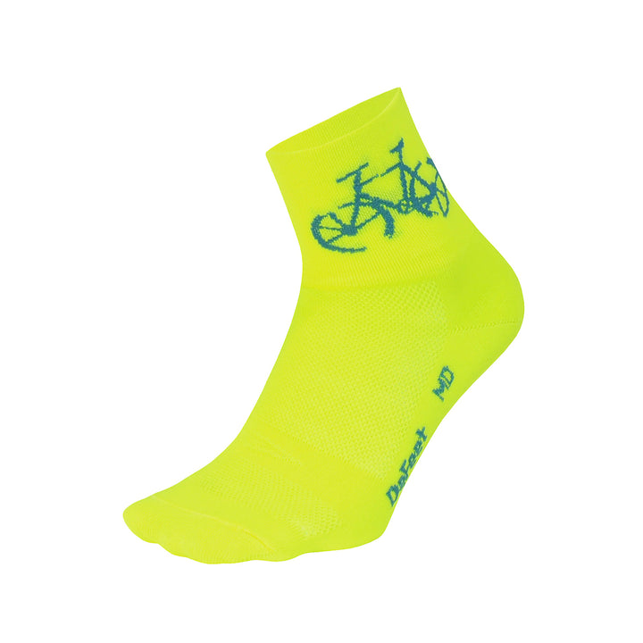 bright yellow sock with a blue graphic of a bike on the cuff